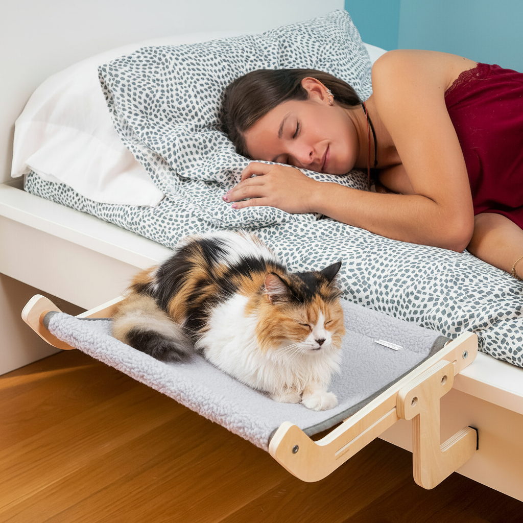 Chat calico détendu sur hamac sous le lit